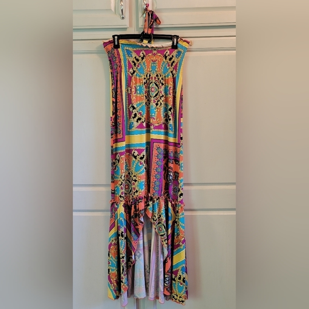 Bongo Multicolor Smocked Halter High Low Dress